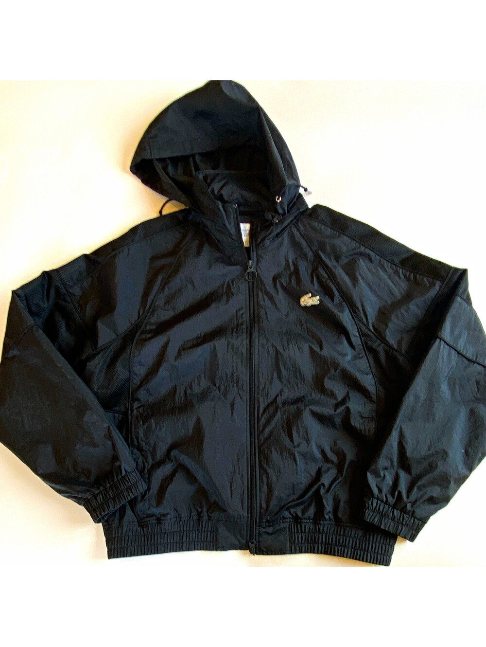 Lacoste Concepts Men's L Black Hooded Full-Zip Nylon Windbreaker Mesh Logo